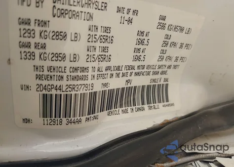 2005 Dodge Grand Caravan Sxt из США, поврежденный, VIN 2D4GP44L25R377919